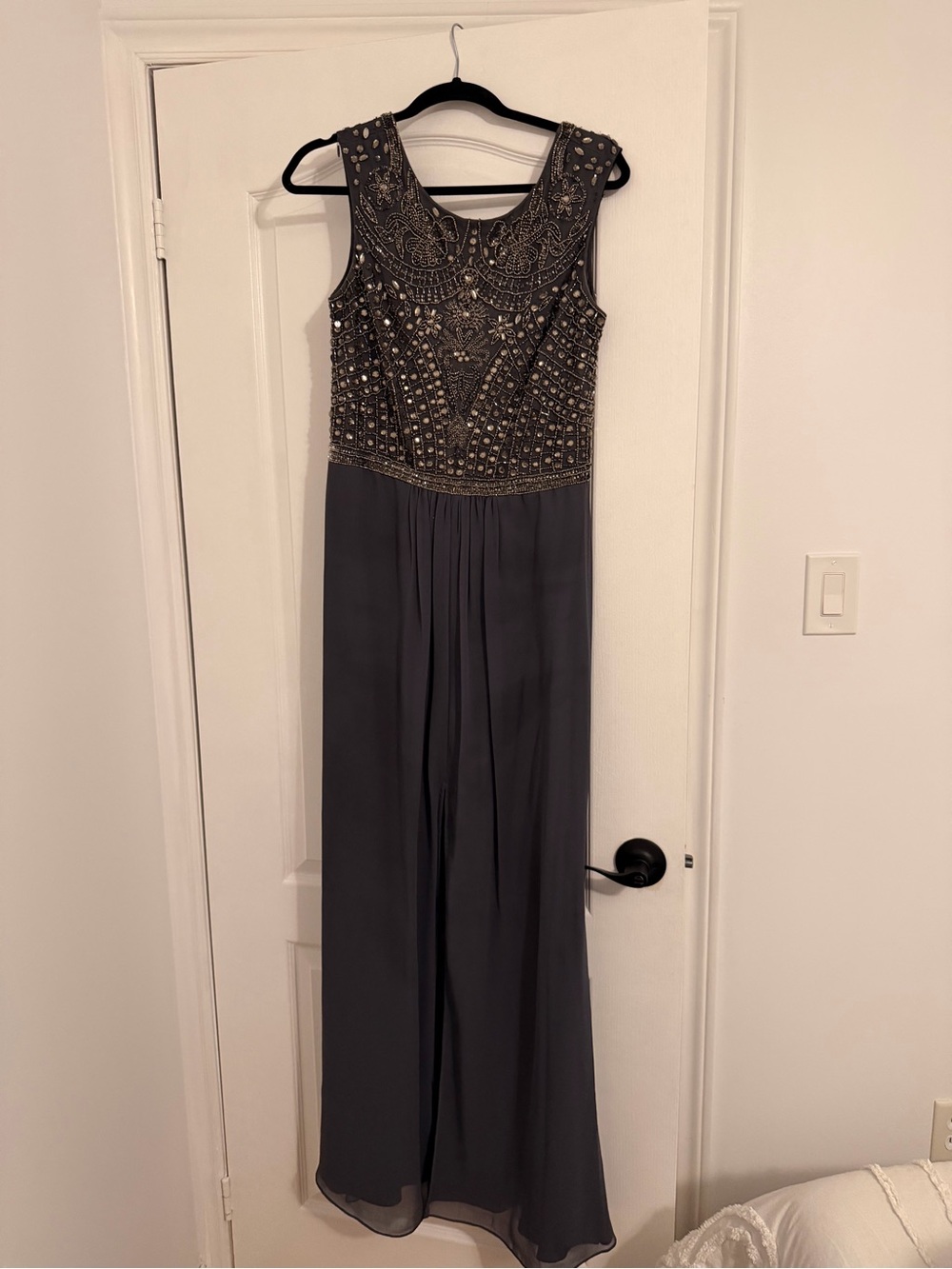 Aidan Mattox Beaded Sleeveless Maxi Dress in Charcoal